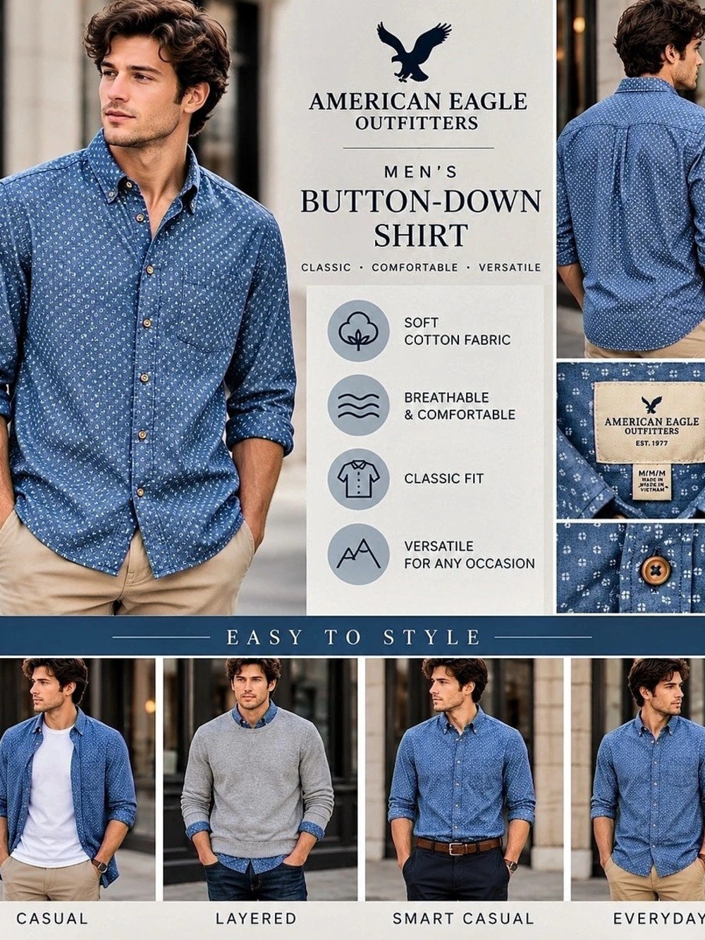 American Eagle Outfitters Men's Button-Down Shirt Geometric Cotton Medium